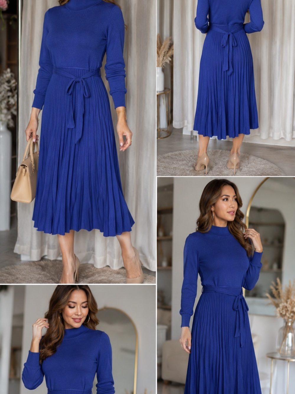 Nina Leonard Royal Blue Pleated Midi Dress with Tie Waist